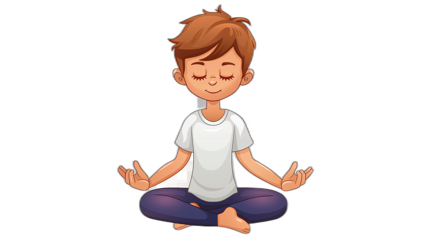 Cute cartoon vector style boy sitting in a lotus position, meditating with his eyes closed, on a black background. The young man is wearing a white t-shirt and dark blue pants. He has short brown hair. Vector illustration of a child doing yoga in the style of for kids book or children’s video content.