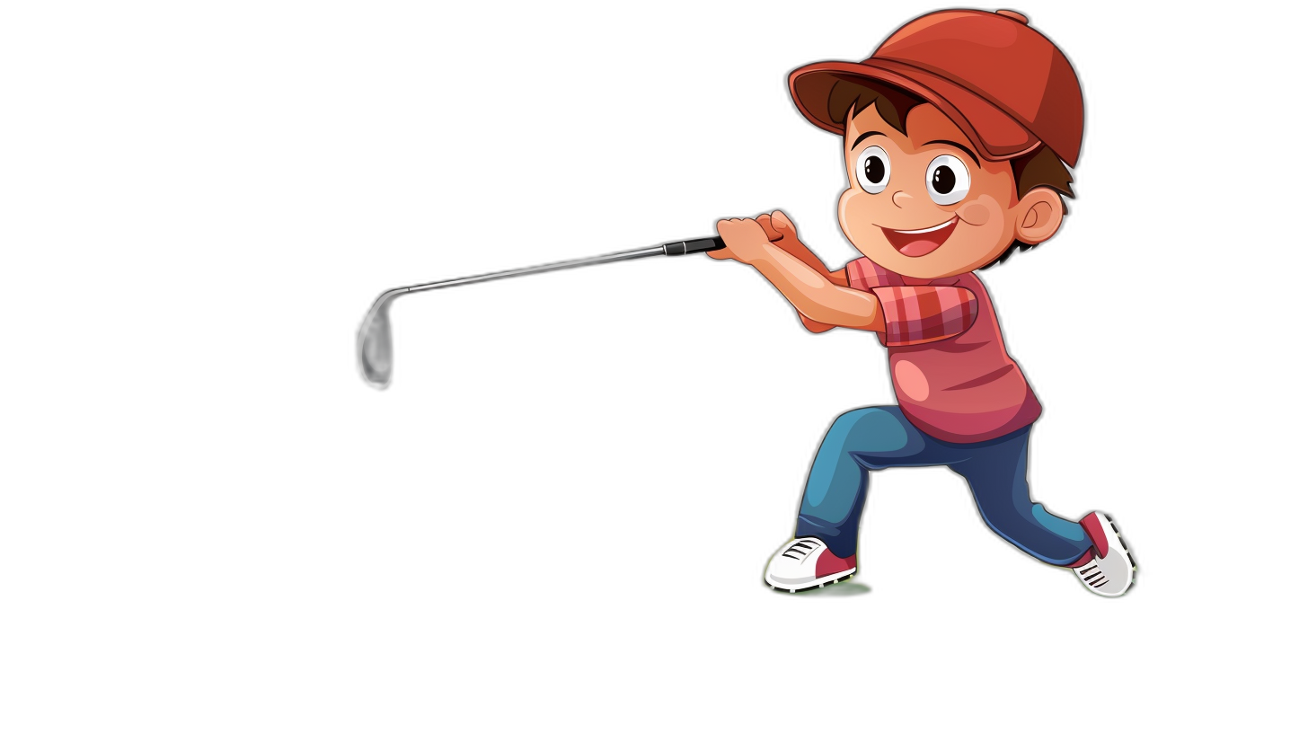 A cartoon boy playing golf, shown in a full body shot, in the vector illustration style with a black background. He is wearing a red cap and pink shirt. The character has big eyes and a happy expression. In his right hand he holds the club while in his left hand there is an oversized ball. His legs are visible below him as they break at the bottom of the frame to show movement. This design could be used for a t-shirt print or other apparel items related to sports such as swimming or running. A vector illustration in the style of with a black background.