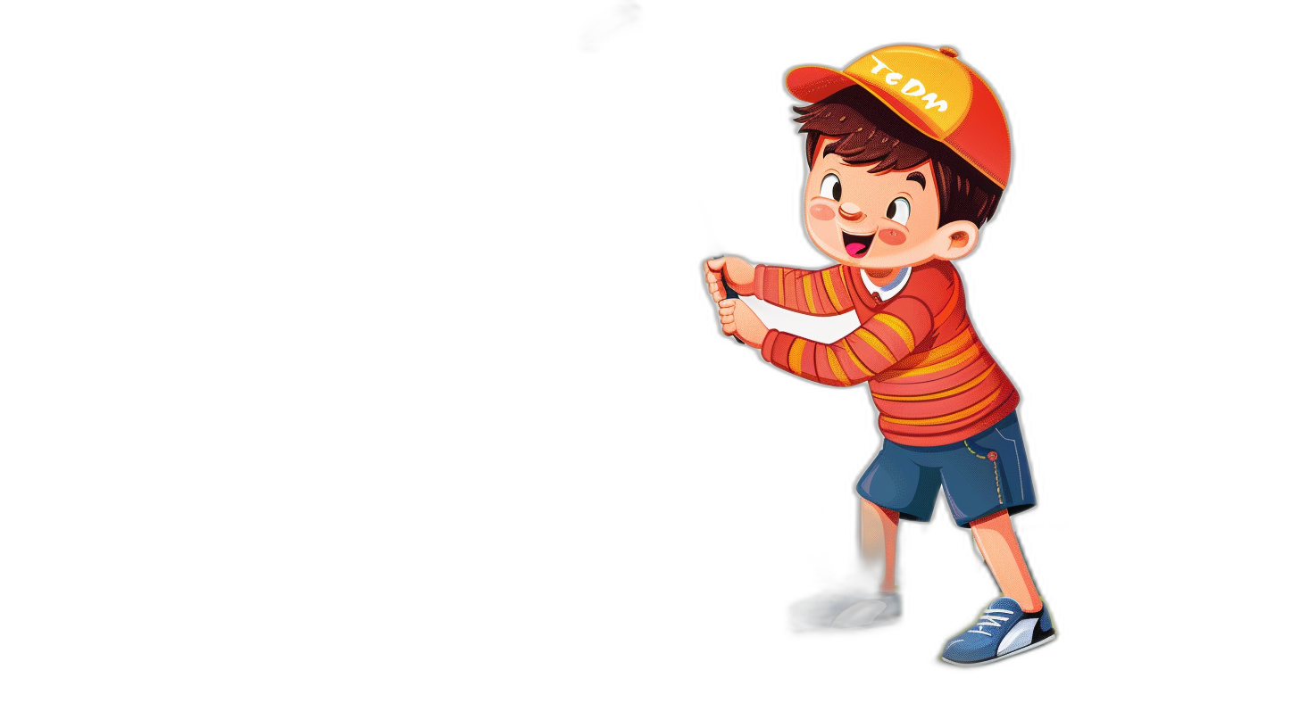 A cute cartoon boy wearing an orange and red striped shirt, blue shorts with white stripes on the sides of his legs, black shoes, cap worn backwards with “EDM” written in yellow on it, pointing at something on the side. Black background. Full body shot. In the style of Pixar. In the style of Disney.