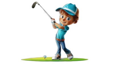 golf player, blue cap and shirt with a white circle on it, brown haired boy cartoon character playing golf in the style of Pixar, solid black background