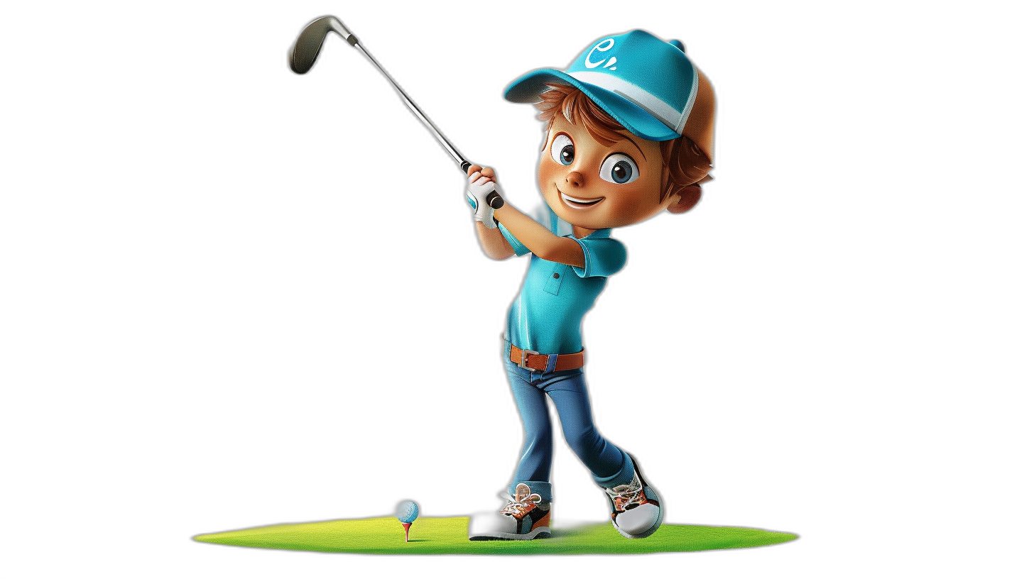 golf player, blue cap and shirt with a white circle on it, brown haired boy cartoon character playing golf in the style of Pixar, solid black background