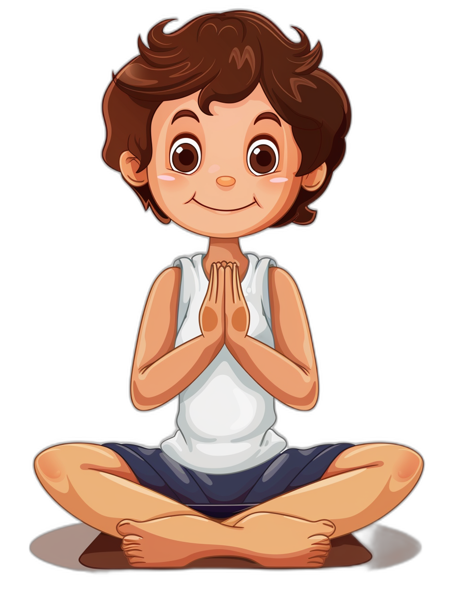 A cute little boy doing yoga in a simple flat cartoon style with a black background. He is wearing a white shirt and dark blue shorts with brown hair. His hands are clasped together in prayer position with big eyes and a smiling expression in a front view full body portrait. The overall color scheme is mainly warm colors, creating an atmosphere of tranquility and harmony.