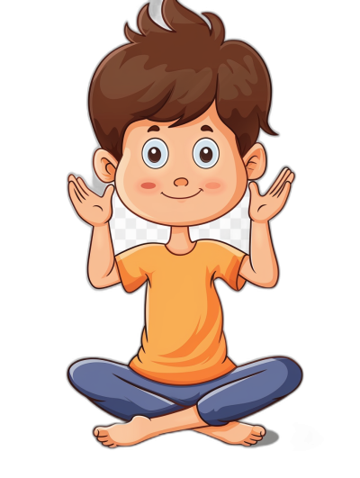 cartoon brown-haired boy doing yoga, sitting on the floor with his hands up in the style of cartoon vector illustration isolated on a black background