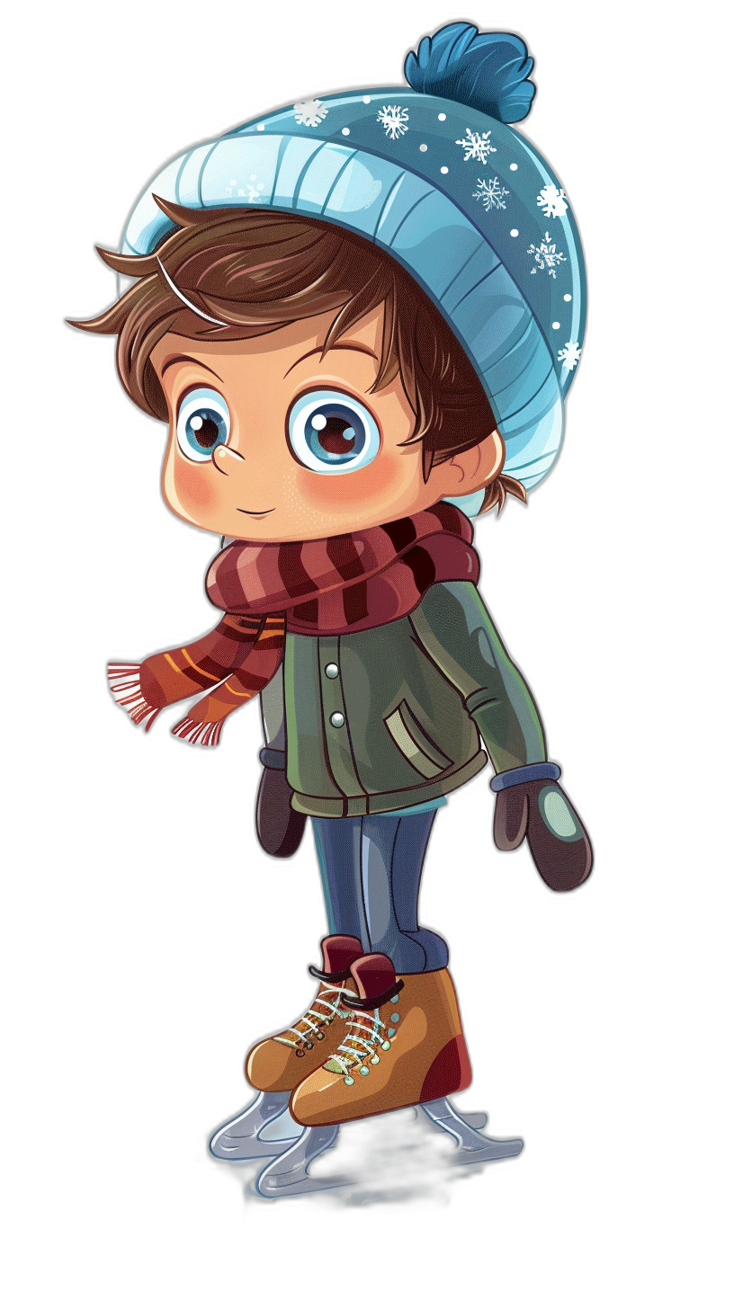 chibi style cartoon, young boy ice skating on black background, wearing winter hat and scarf, brown hair with blue highlights, large eyes, full body shot, ice skates visible