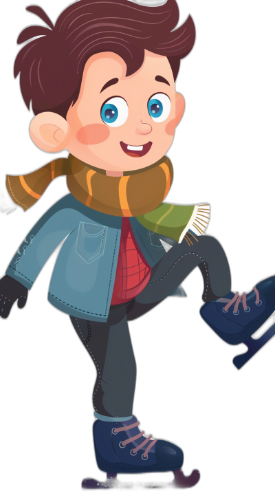 A cute cartoon boy wearing ice skates is dressed in fashionable winter  and shoes. He has short hair, blue eyes, and is illustrated in bright colors against a black background. The flat illustration style is in the style of children's book illustrations, and the image has a high-definition resolution. He is smiling happily while skating on the snow-covered ground.