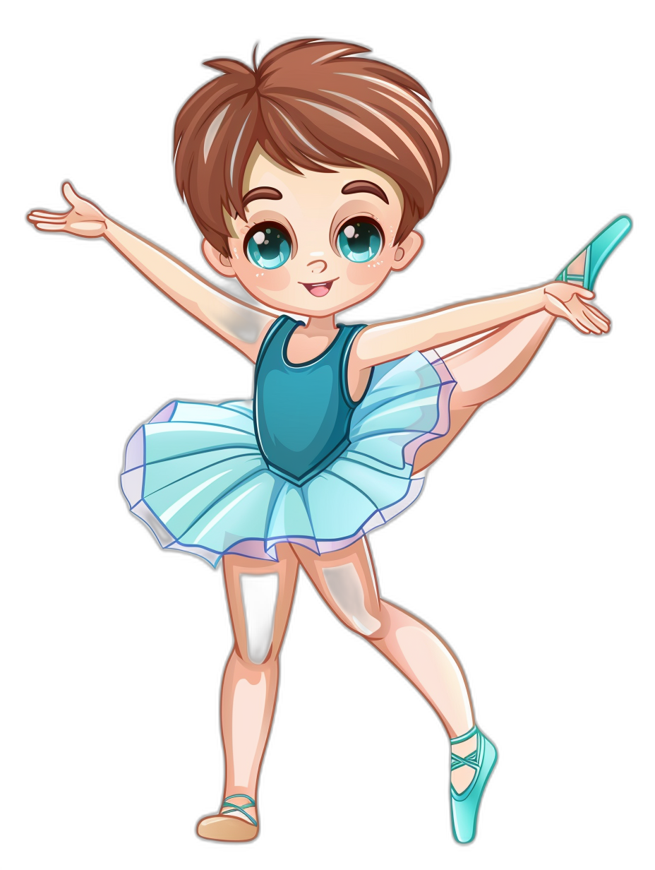 A cute little boy ballerina with short brown hair and blue eyes, wearing an aquamarine tutu is dancing ballet in the style of cartoon on a black background.