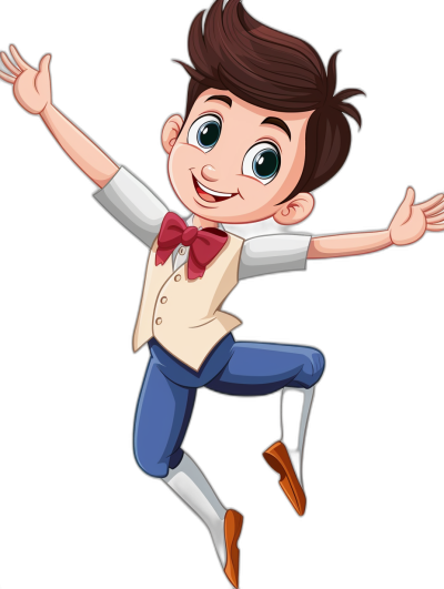 cartoon character of a boy in a vest and bow tie, jumping up with one hand outstretched against a black background, wearing a white shirt, blue pants and brown shoes. The artwork is in the style of a cartoon.