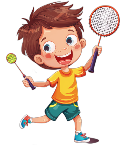 cartoon style of happy boy playing badminton, clip art sticker black background