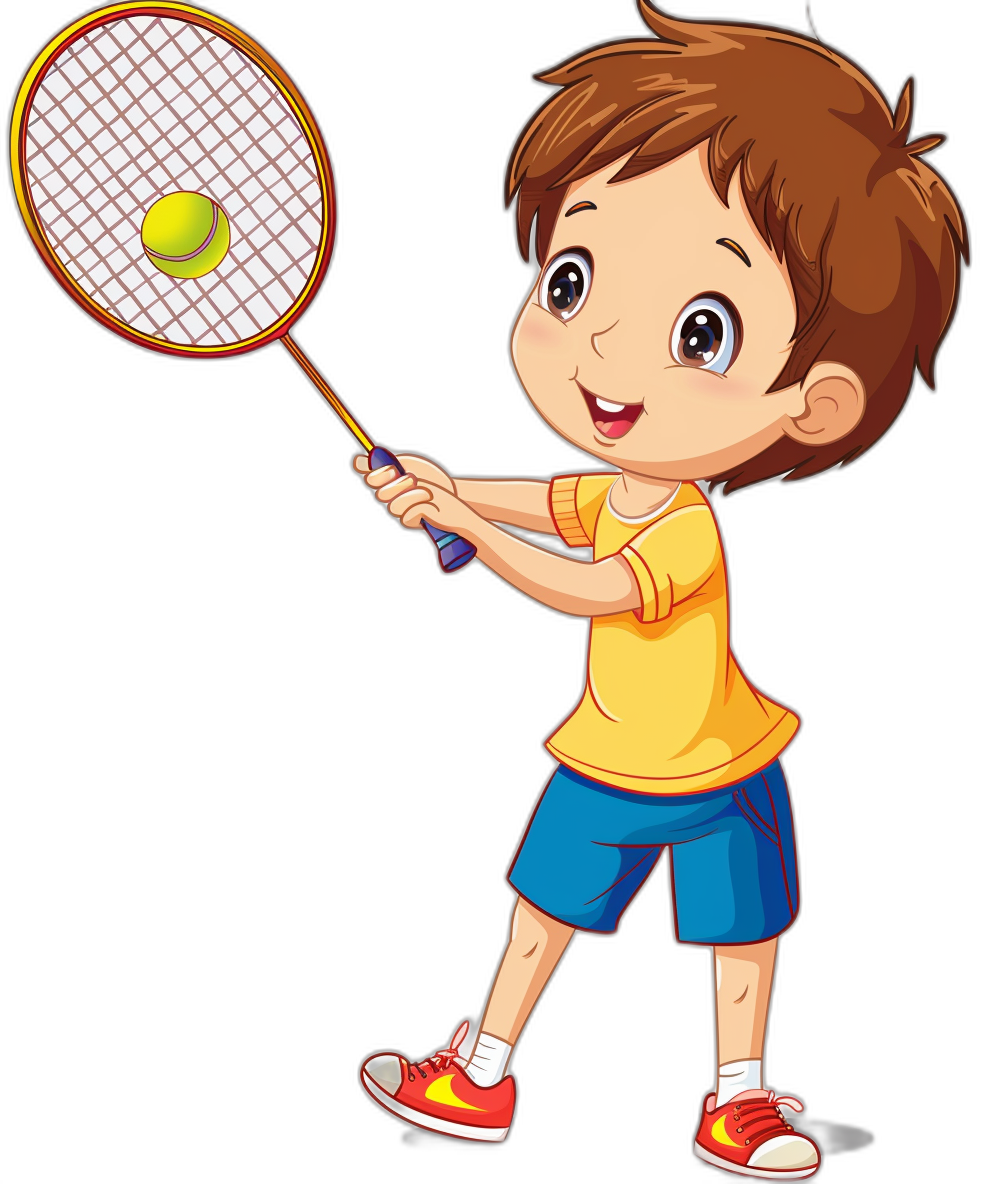 a cute happy young boy playing badminton, clip art style with black background