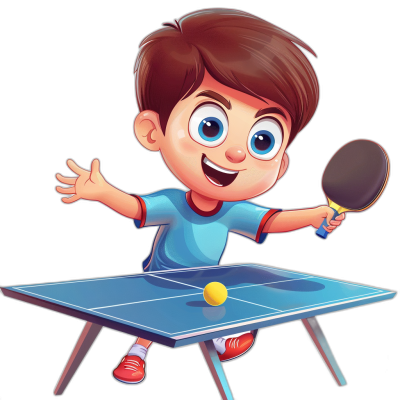 cartoon child playing table tennis, holding the racket in his hand and smiling while looking at you with blue eyes on black background, the table is made of plastic material and has two legs that form an X shape, in the style of a cartoon, high quality, high resolution, cute character design with bright colors and high saturation, a cartoon illustration.