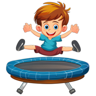 A cartoon boy is jumping on the trampoline in a vector illustration style with a black background. He has blue eyes and brown hair. The character should be depicted mid-air, with his arms wide to create balance while he jumps up from the ground of the mat. His expression must convey joy as if it were fun playing or having just done something cool. In front view, he wears red shorts and a short-sleeved light-blue t-shirt, with a simple design, flat color, and simple line art in the style of a 2D animation. Isolated on a white background.