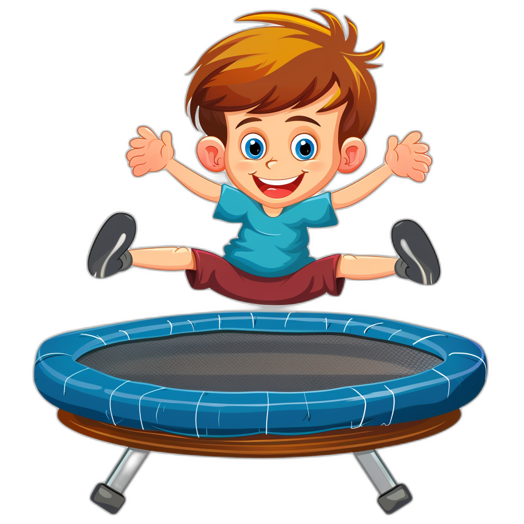 A cartoon boy is jumping on the trampoline in a vector illustration style with a black background. He has blue eyes and brown hair. The character should be depicted mid-air, with his arms wide to create balance while he jumps up from the ground of the mat. His expression must convey joy as if it were fun playing or having just done something cool. In front view, he wears red shorts and a short-sleeved light-blue t-shirt, with a simple design, flat color, and simple line art in the style of a 2D animation. Isolated on a white background.