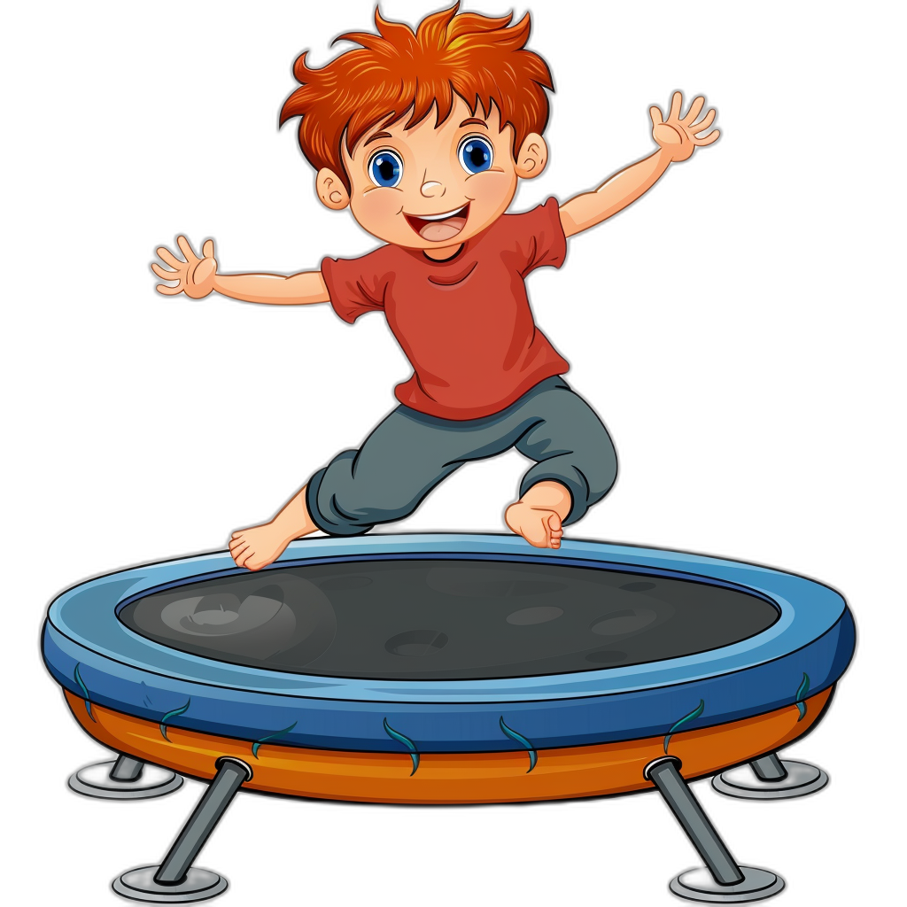 A cartoon boy jumping on a trampoline, in a vector illustration style with a black background. He has red hair and is wearing blue jeans and an orange t-shirt. The trampolines have navy-blue edges and white legs. This design would be suitable for print or digital media as it captures movement and playfulness in its depiction of him leaping across the top surface of his children’s toy bed, with focus stacked.