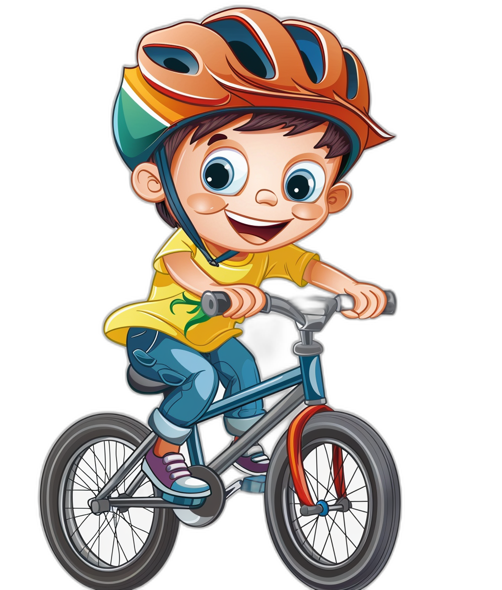 a cute cartoon of happy boy kid wearing helmet and jeans pants riding bicycle, clip art style with black background