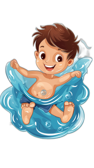 baby cartoon character, boy with brown hair and blue eyes is floating on an inflatable pool ring , vector art, black background, 2d animation style, cute baby smiling expression in the water, water droplets flying around him, wearing swimming trunks, simple design, flat colors, vector illustration, cute baby character, high resolution, high detail, high quality, sharp focus, high contrast, high color grading, bright lighting, smiling face, white glowy light behind head