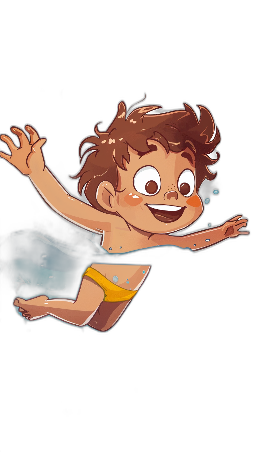 a cute happy brown haired boy with swimming trunks on floating in the air, cartoon style, black background, simple design, pixar artstyle