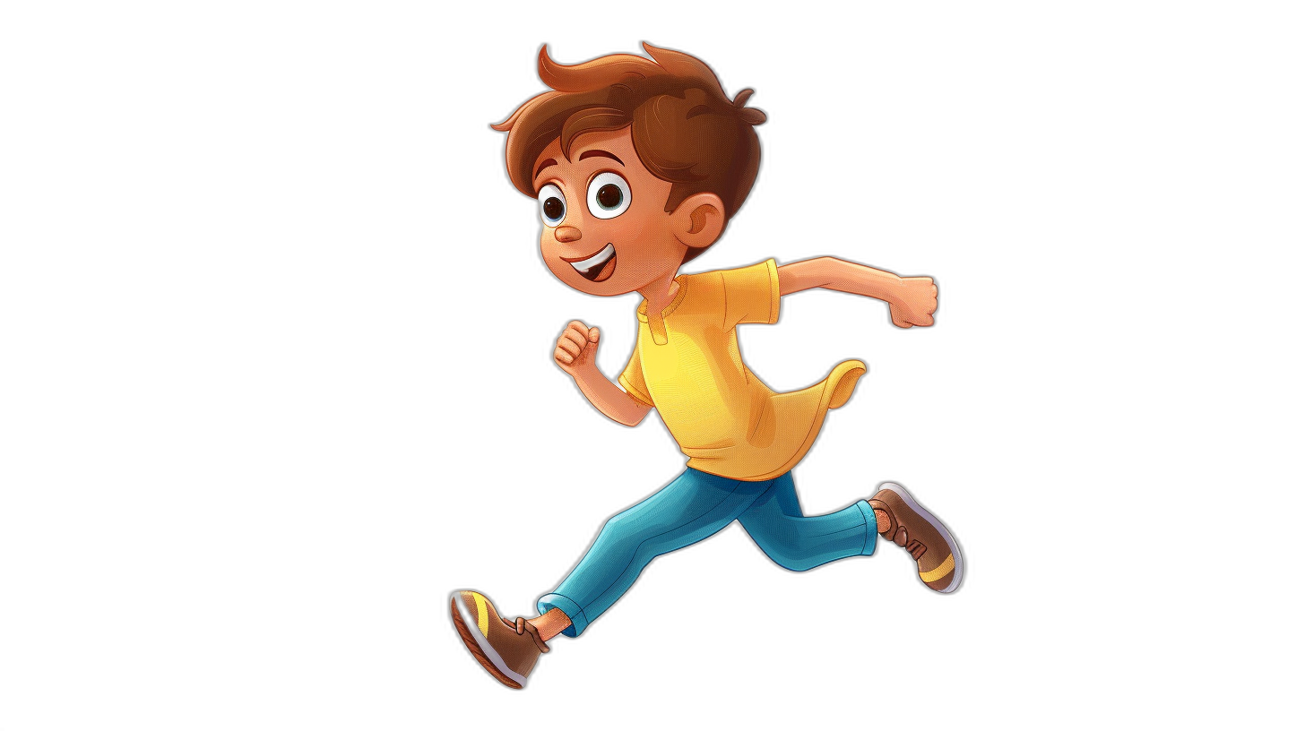 A cartoon boy running, full body shot, solid black background, in the style of Disney, 3D rendering, bright colors, cute expression. The character is wearing blue jeans and a yellow t-shirt with brown shoes on his feet. He has short hair and big eyes. In the side view of the illustration, he appears energetic and cheerful.