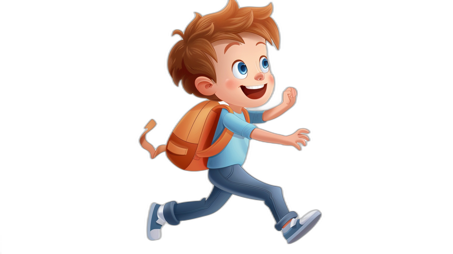 A cute cartoon boy is running with his backpack on a black background, a vector illustration for game art and character design. The little guy has short brown hair and blue eyes, wearing a light colored shirt and jeans, smiling happily while carrying the school bag behind him. He runs fast in a full body view against a black isolated background, in the style of Pixar.