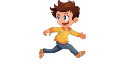 A cartoon boy running in a flat illustration style with a black background and high resolution. The character is wearing casual  like jeans or sneakers in bright colors. He has brown hair and blue eyes that reflect light, giving him an energetic appearance. His expression radiates joy as he runs happily across the screen. This dynamic pose adds energy to his overall look while maintaining clear details on all sides of his body for easy alienation from any perspective.