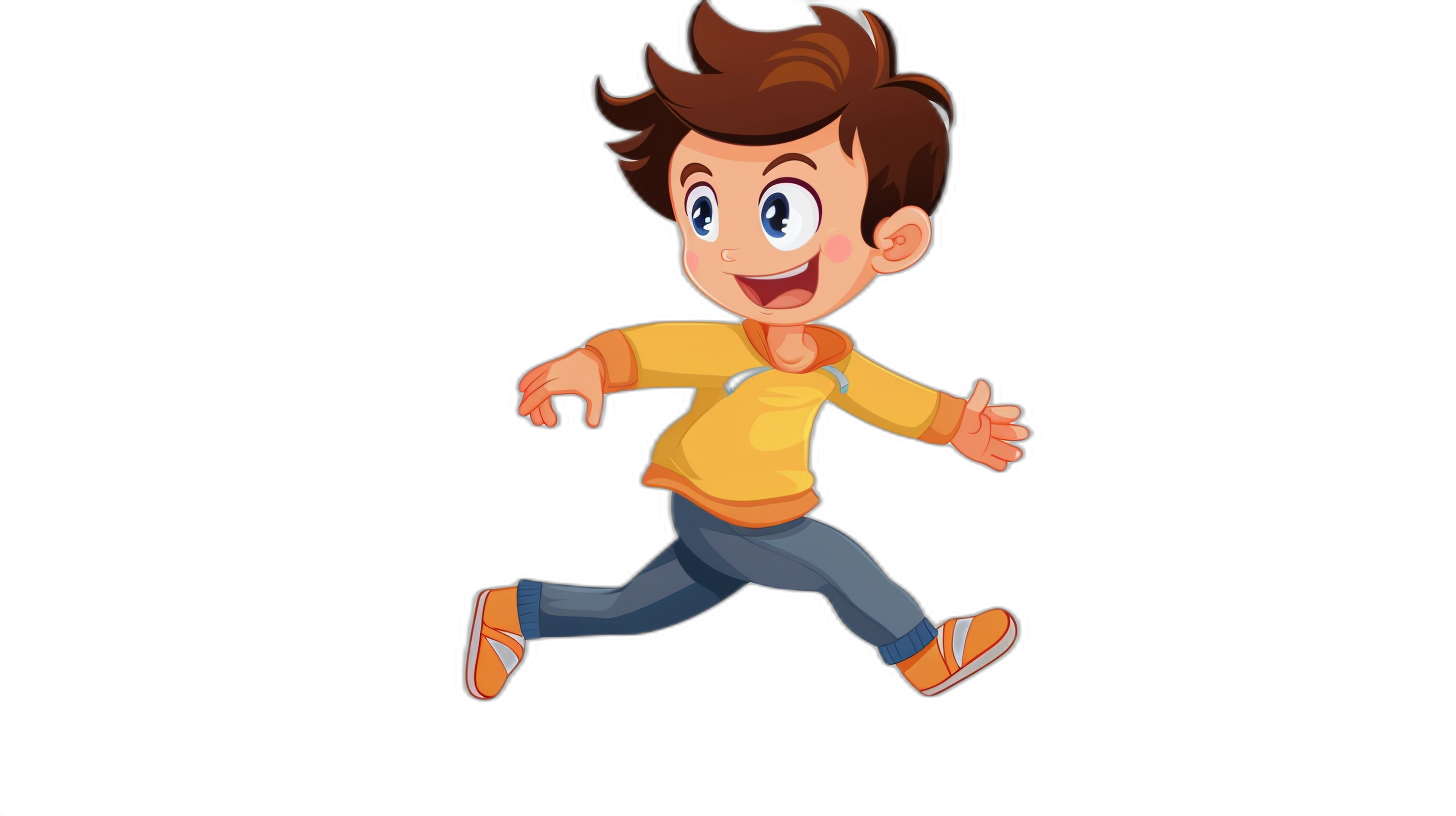 A cartoon boy running in a flat illustration style with a black background and high resolution. The character is wearing casual  like jeans or sneakers in bright colors. He has brown hair and blue eyes that reflect light, giving him an energetic appearance. His expression radiates joy as he runs happily across the screen. This dynamic pose adds energy to his overall look while maintaining clear details on all sides of his body for easy alienation from any perspective.