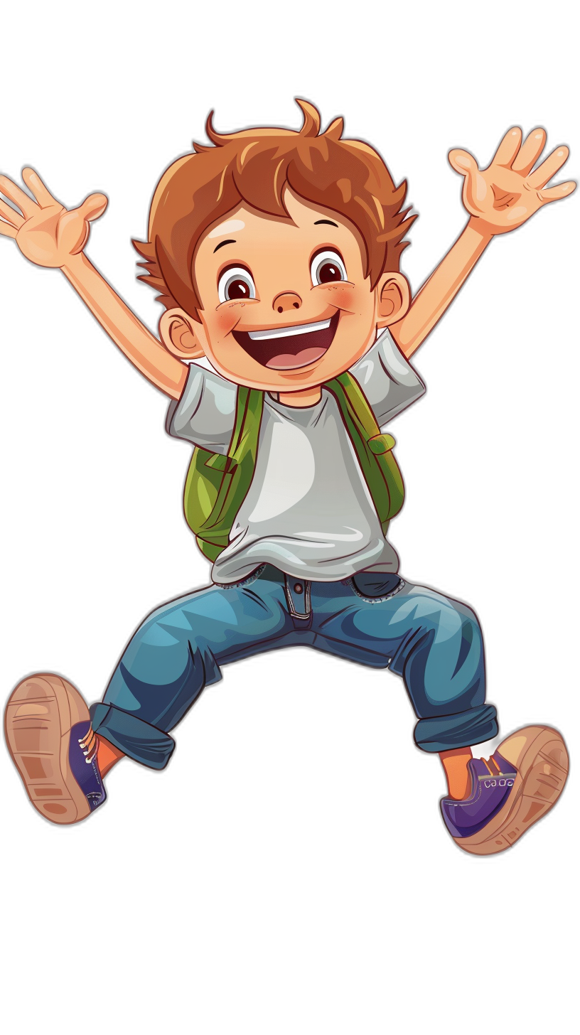 A happy cartoon boy with brown hair and blue eyes is jumping in the air. He is wearing jeans, a white t-shirt, a green backpack, and purple shoes against a black background. The artwork is in the style of a cartoon.