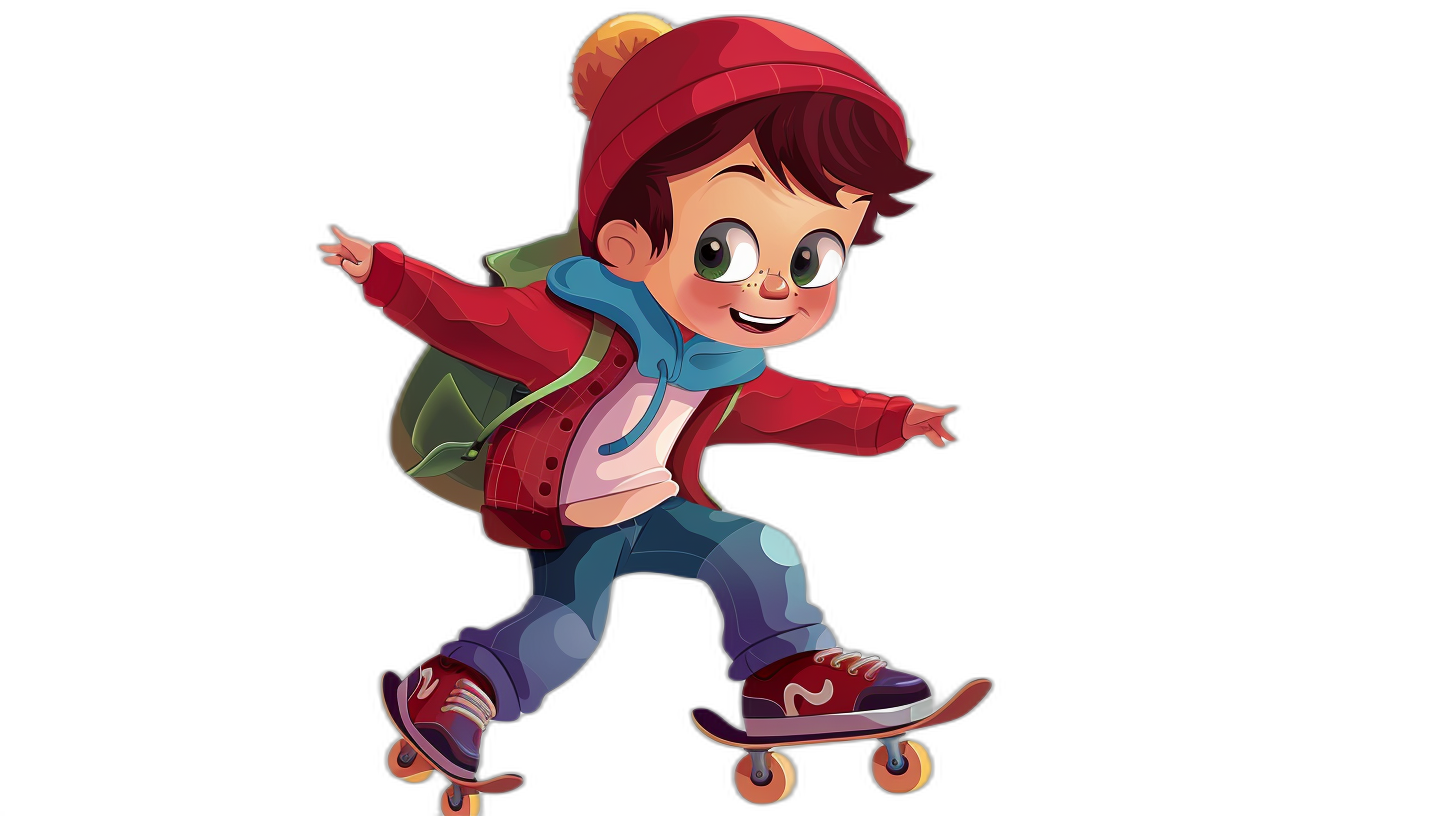 A cute cartoon boy is riding on his skateboard, dressed in a red jacket and blue scarf with a backpack against a simple black background. The style is cute with colorful animation stills and a bold color scheme. It is a high resolution cartoon character design in the style of Disney Pixar Animation with high quality.