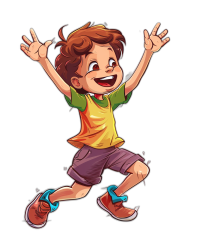 A cartoon boy is jumping up and down with his hands raised, wearing shorts and colorful , smiling happily against a black background. It is a full body portrait with high definition details of the character in the style of comic books, presented at a high resolution.
