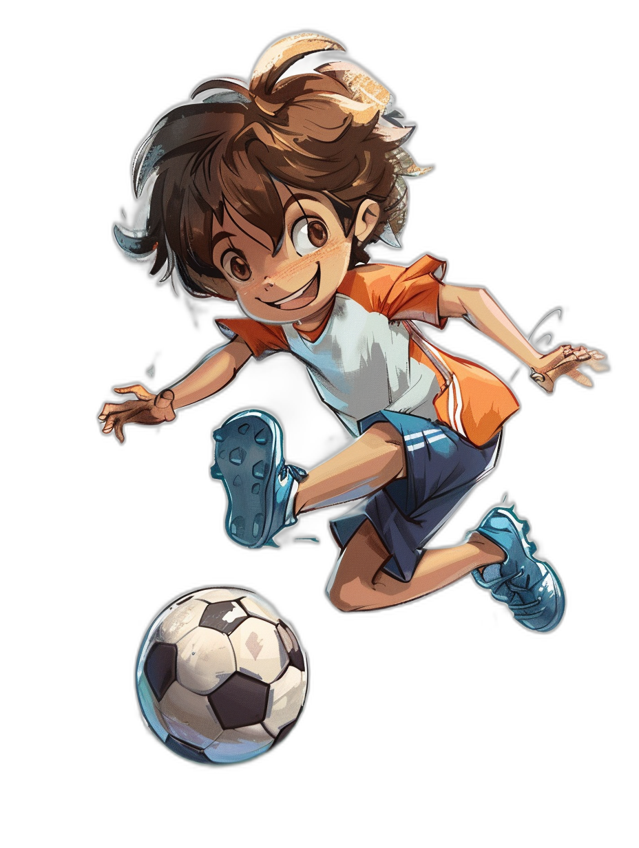 A cute boy is kicking a soccer ball, with short brown hair and blue shoes in the style of anime. He wears an orange shirt and dark shorts. The background of his full-body portrait against black has white borders. Anime character concept art.