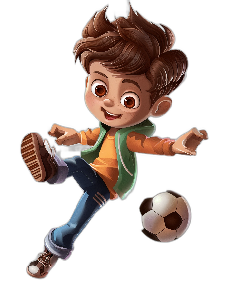 A cute cartoon boy playing football, with brown hair and wearing jeans, jumping up to kick the ball, in the style of Disney, black background, full body portrait, bright colors, high-definition details, high resolution.