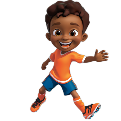 An African American boy wearing an orange and blue soccer outfit, smiling with brown hair in an action pose with a black background in the style of Pixar.