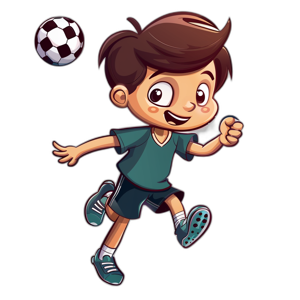 A cartoon boy playing soccer in a vector illustration style with simple lines on a black background in a flat design style with a cute expression, wearing green short sleeves and blue shoes as he jumps to hit the ball with his head. He has dark brown hair. The overall color scheme is bright and lively with a small amount of shading effect added to give the  a three-dimensional feeling, in the style of flat design.