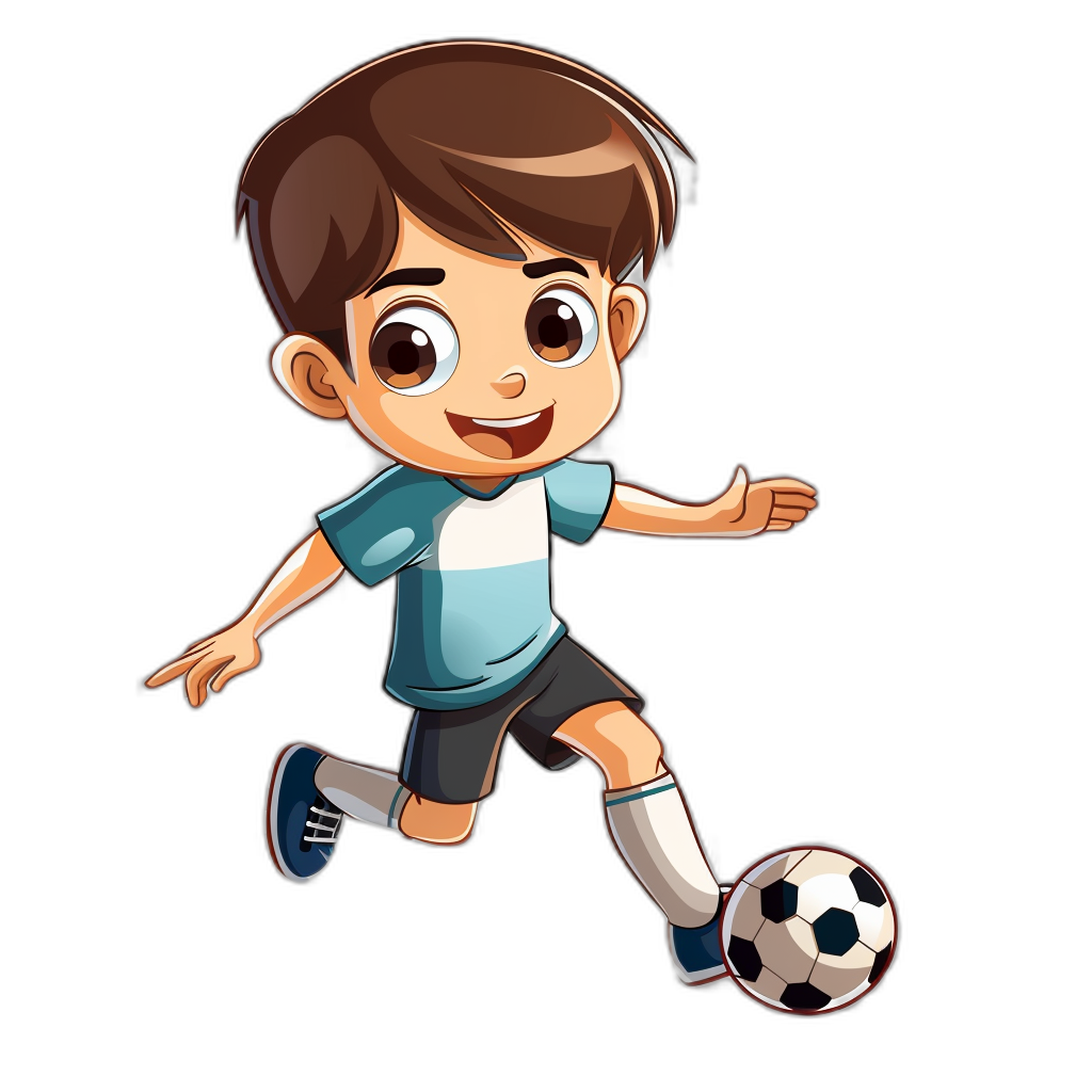 a cute cartoon boy playing soccer, vector illustration with black background, t-shirt design, high resolution, professional color grading