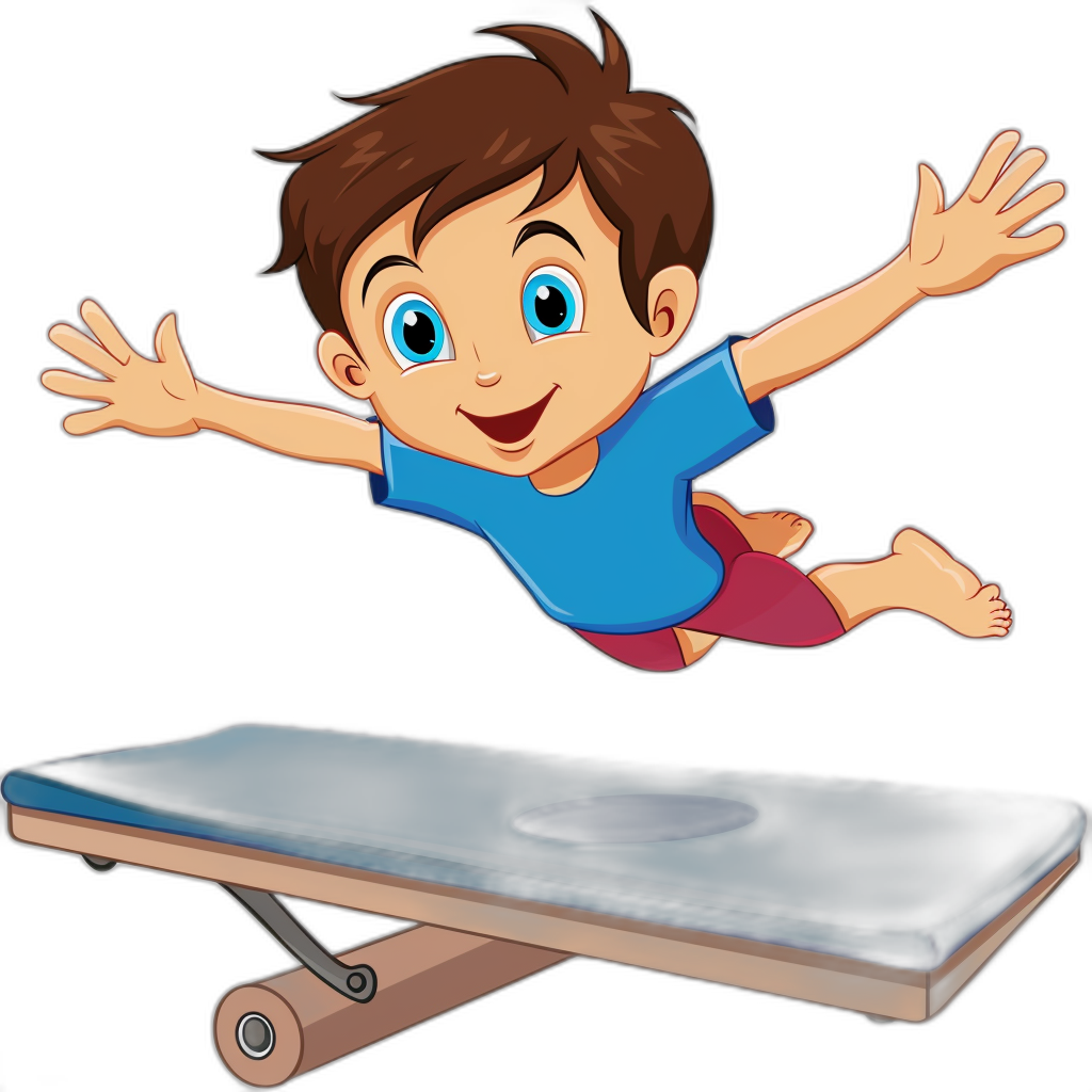 A cartoon vector illustration of a little boy doing a trampoline jump, wearing a blue t-shirt and red shorts, on a black background, in the clip art sticker style with no shadow border around the artwork. The character is on top of an exercise table in mid air jumping. He has brown hair and big eyes. His hands have long fingers and his feet end straight out to the sides. Black isolated background, clipart in the style of kids artwork.