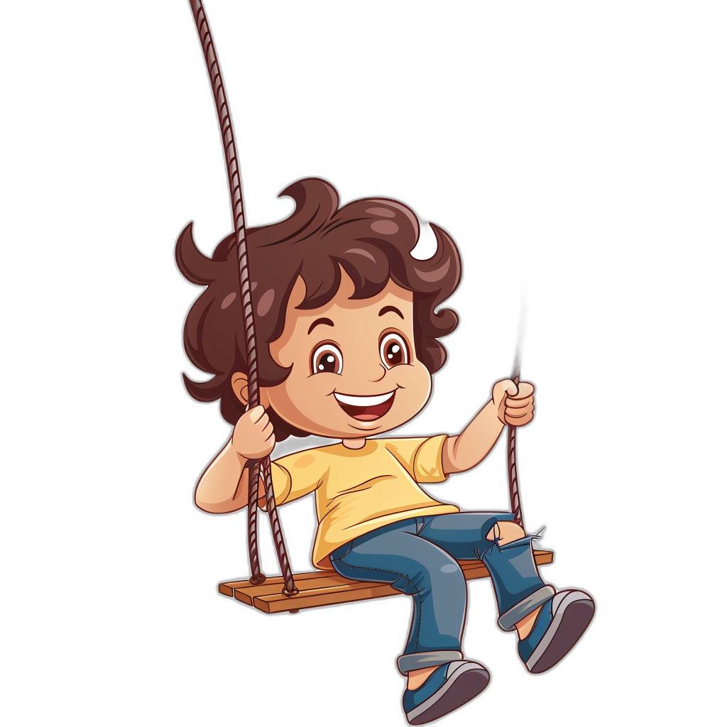 A cute happy cartoon kid sitting on the swing, with an isolated black background, in the clip art style.