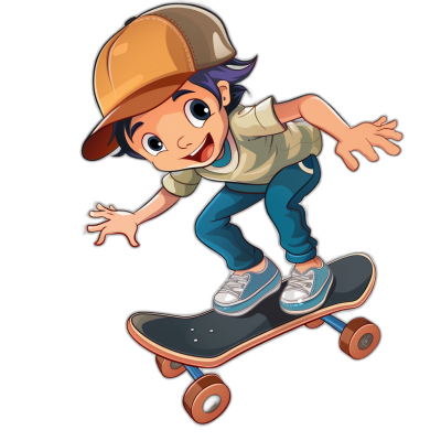 cartoon style, vector design of an asian boy on skateboard with cap and blue jeans, isolated black background,