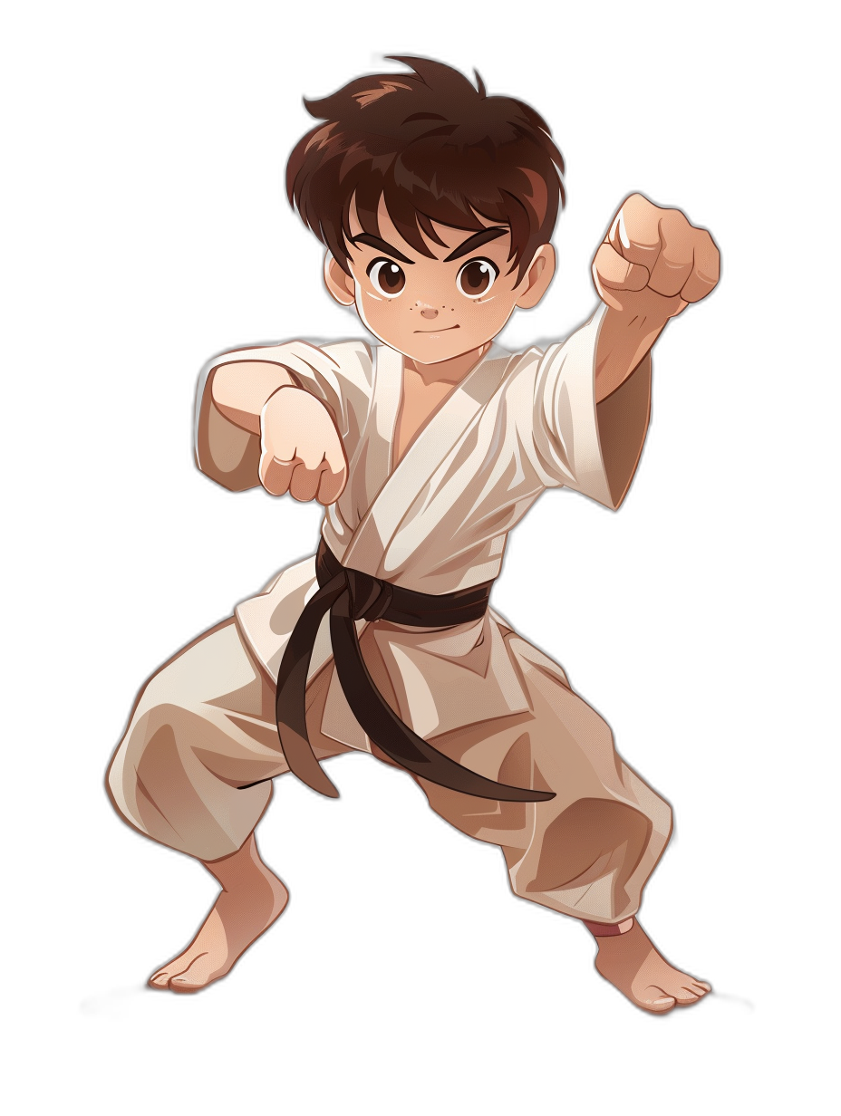 A young boy in white karate robes and a black belt is depicted doing martial arts poses. He has brown hair with bangs, bright eyes, and is smiling slightly. The background of the illustration should be plain black to highlight his figure. The style of the illustration is anime-inspired cartoon design with a black background.