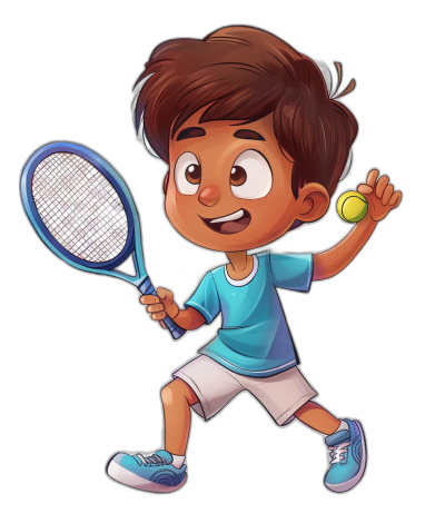 cartoon style of an Indian boy playing tennis, wearing a blue t-shirt and white shorts, holding a racket with a ball in hand, happy face, cartoon illustration on a black background, in the style of Pixar art.