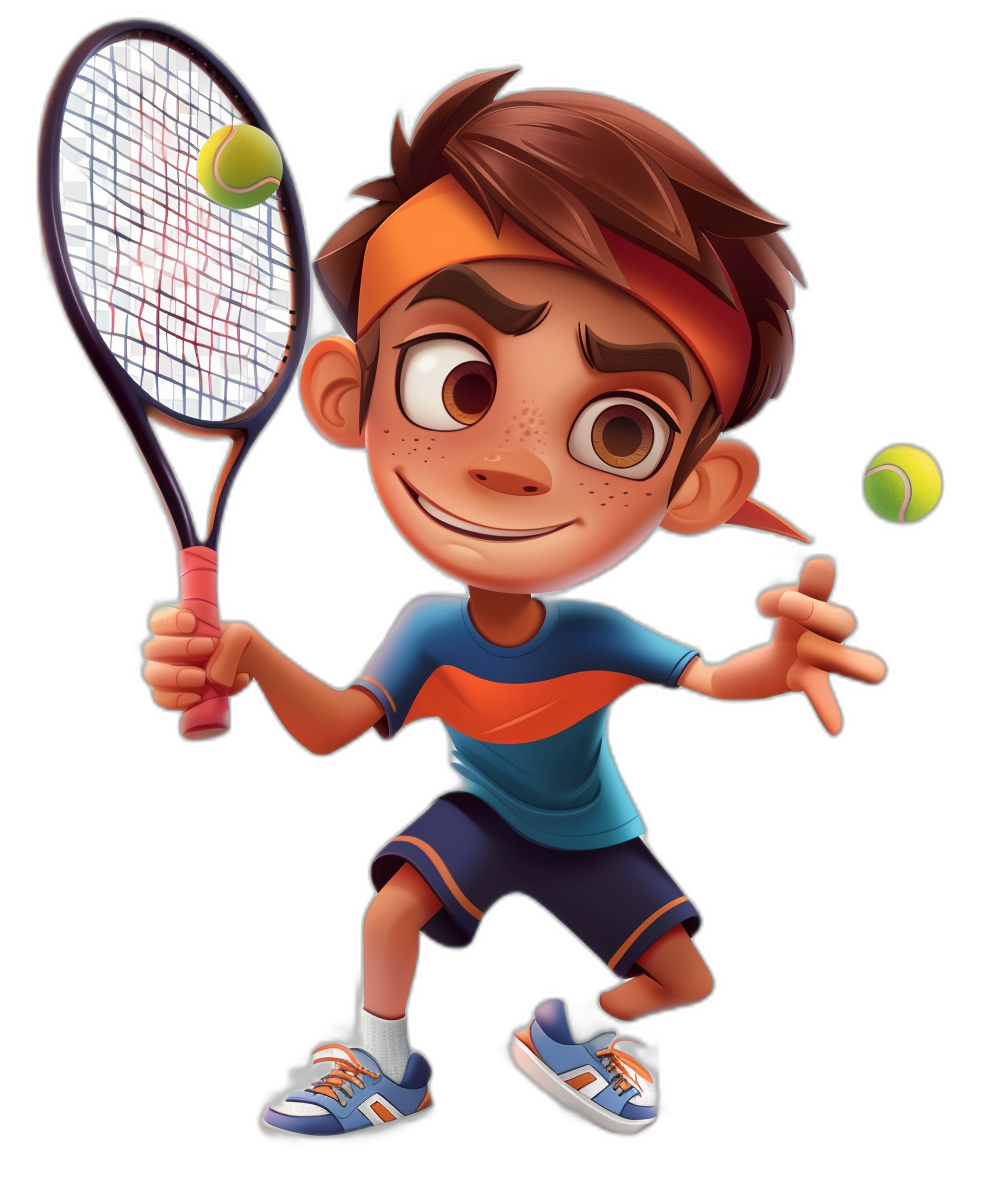 A young boy playing tennis, holding the racket in his right hand and hitting one ball. He has brown hair, wearing an orange headband on top of it, blue shorts underneath, and white sneakers. The character is positioned for a dynamic shot as he skillfully beads the padel palas. A tennis net hangs behind him, adding to its sporty vibe. In the air there’s a small green tennis ball flying towards me. The style is cartoon, 3D rendering, in the style of Disney Pixar animation. The background is black.
