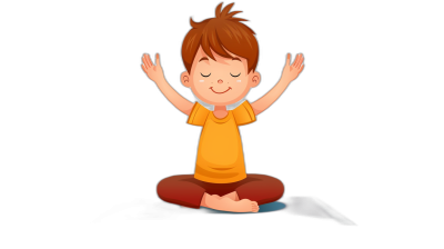 A cute little boy is doing yoga, hands up and eyes closed, with a smiling face, sitting on the ground with his legs crossed, in the style of a cartoon, on a simple black background, as a simple flat illustration with simple details, in the vector art style, as a 2D design, shown in a full body shot, at high resolution, of high quality, with high detail, as the best quality, in high definition.