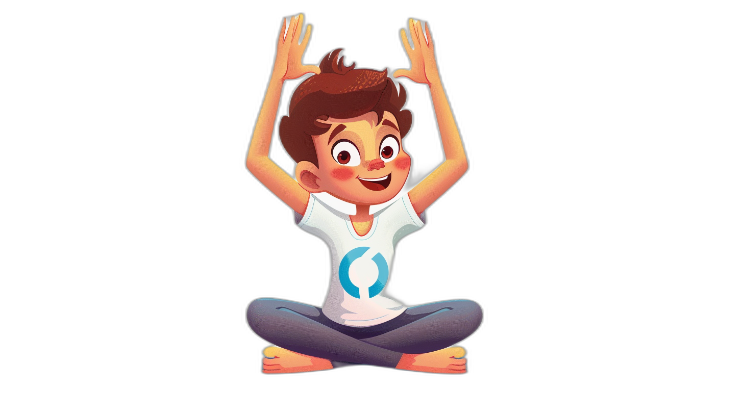 A cute cartoon character of an animated boy doing yoga, sitting cross-legged with hands up in the air for balance on a black background. The young man has short brown hair and is wearing a white t-shirt with a blue logo. He looks happy and contented. An illustration in the style of Pixar.