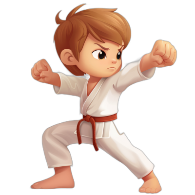 a young boy in white karate outfit, brown hair and eyes doing side kick, simple chibi style cartoon with black background, 2d game art