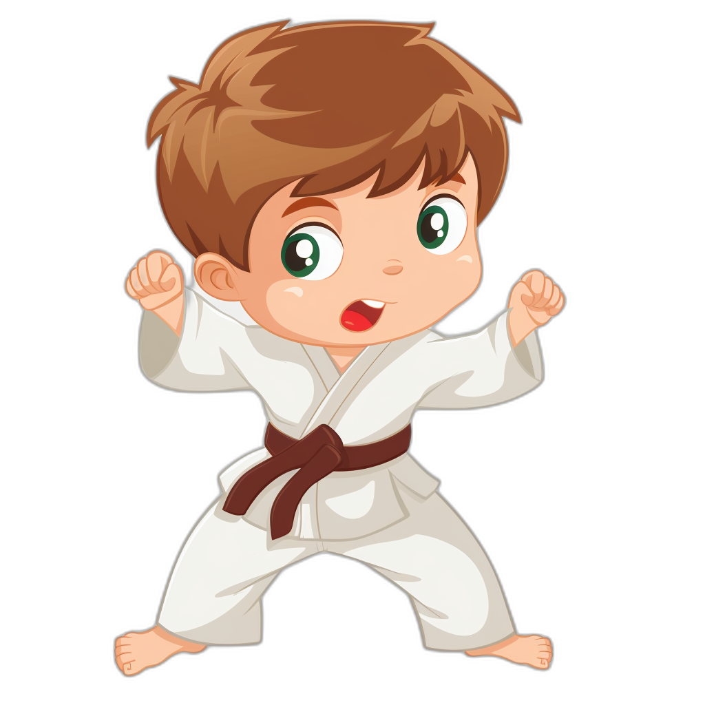 cartoon of a karate boy in a white gi, with brown hair and green eyes, in the style of vector art on a black background