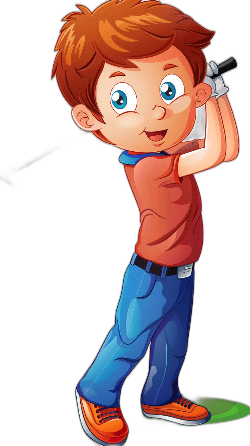 cartoon boy playing golf, red shirt blue pants orange shoes black background in the style of cartoon.