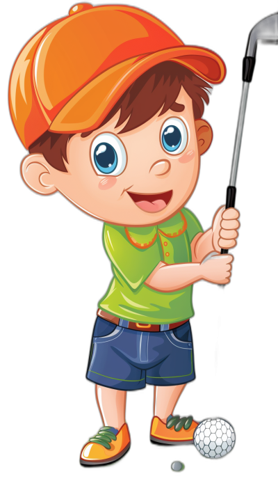 A cute cartoon boy playing golf, vector illustration with a black background, simple and colorful design, suitable for young children's t-shirts. A full body portrait shows the boy holding a club in his hand and hitting a ball on the ground, wearing an orange cap, green shirt and blue shorts. Detailed facial features and expression of joy show in the style of .