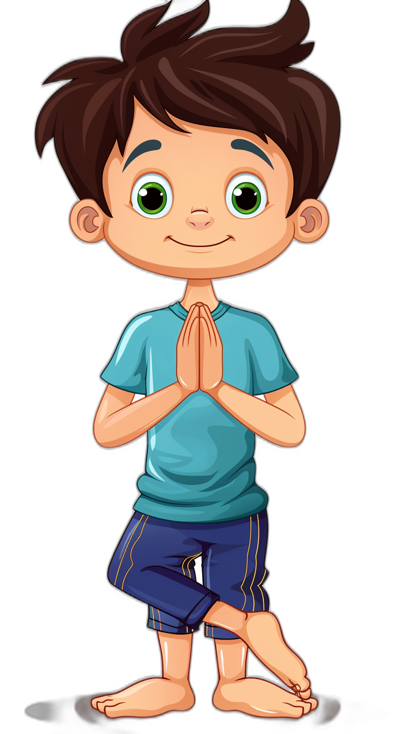 vector cartoon of a boy doing yoga, with a blue t-shirt and dark green eyes, wearing shorts with his hands in a prayer position, against a black background, cute and adorable, showing his full body, in the style of yoga.