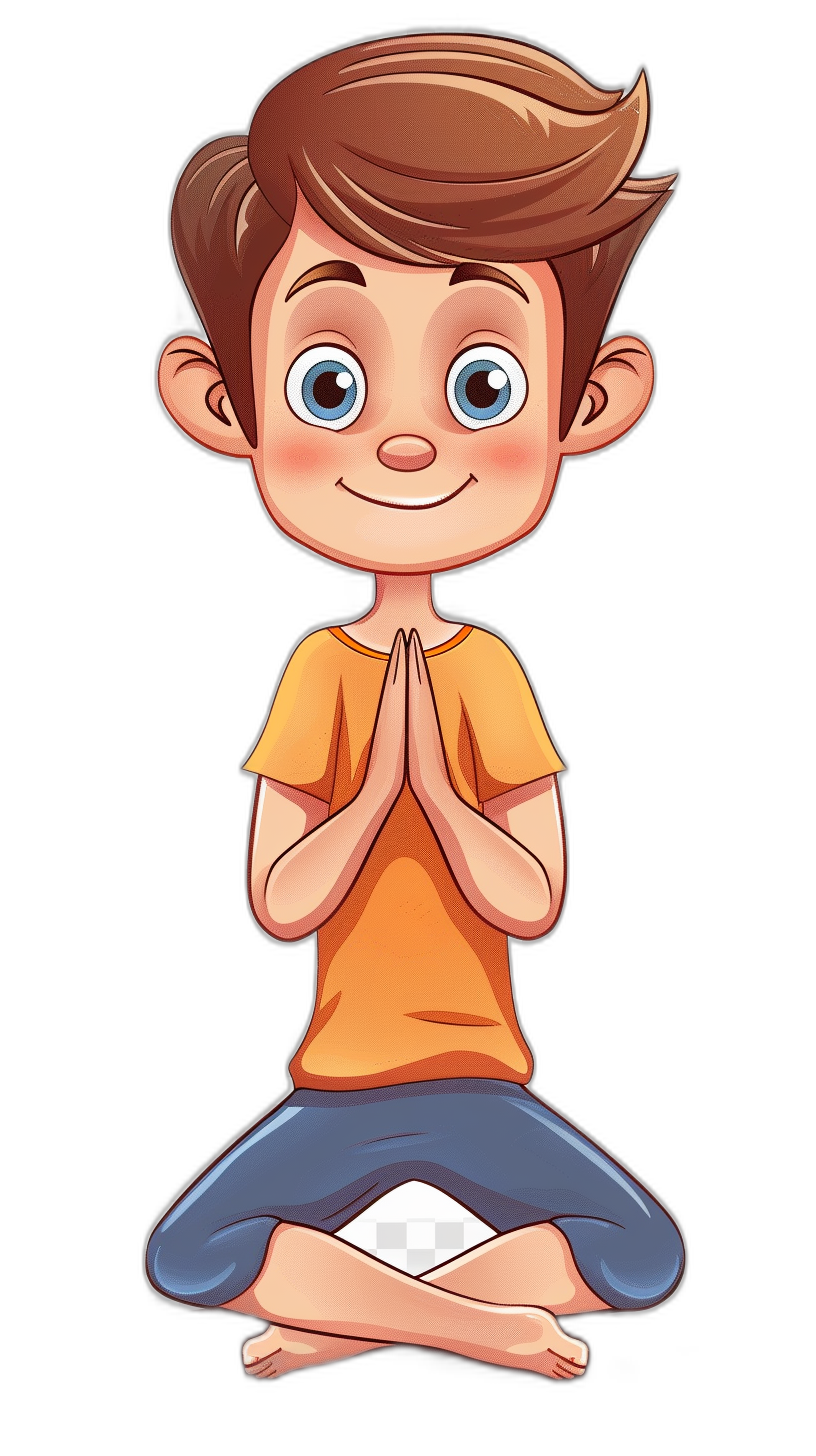 A cartoon-style boy doing yoga, with his hands clasped in prayer and wearing blue pants on a black background. He has brown hair and is smiling, wearing an orange shirt. The style should be simple vector art in the style of simple vector art.