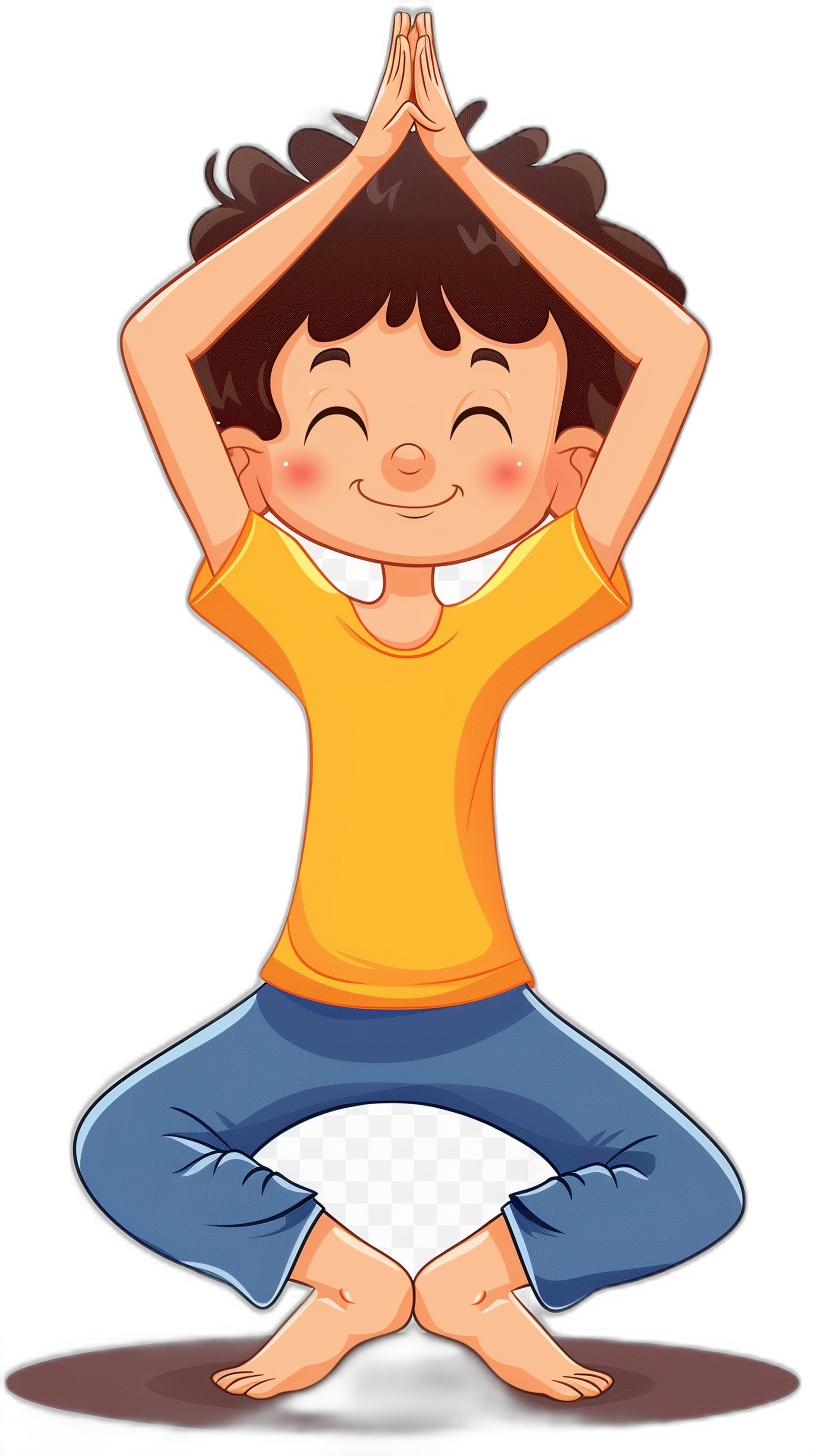 A cute little boy doing yoga with a happy expression. The illustration is in a vector style with simple strokes and a flat style. It has a black background with character designs inspired by cartoon styles. A full body portrait of Disney Pixar characters is shown in a cartoon style with colorful  and bright colors at a high definition resolution. The boy wears simple  with his hands clasped above his head in an animation art style.