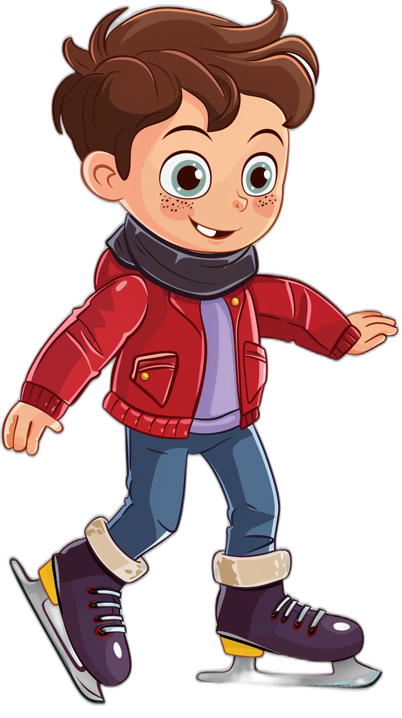 Cartoon style, cute boy with brown hair and big eyes wearing a red jacket and blue jeans ice skating on a black background. The cartoon features an animated character design, with a full body portrait, high resolution, colorful animation stills, with dark purple and light gray tones, in the style of 2D game art, and a flat illustration style.