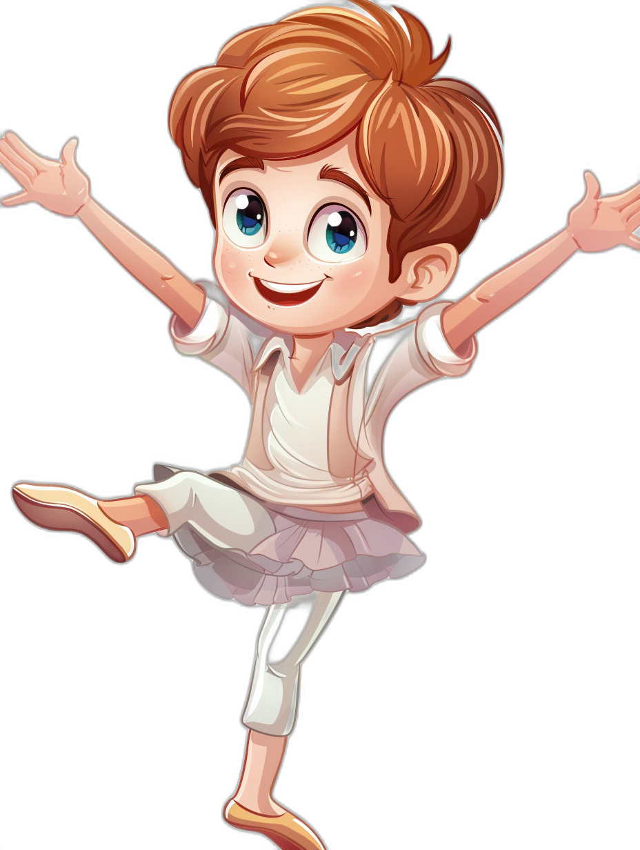 cartoon style drawing of a happy boy with short brown hair and blue eyes, wearing a white shirt and ballet shoes dancing on a black background, in the disney pixar artstyle