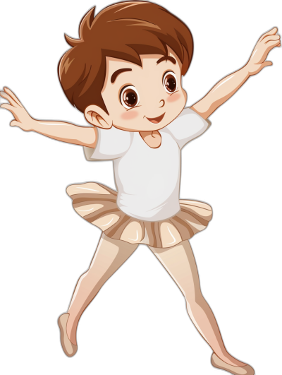 A little boy in ballet attire is depicted in a cartoon style, vector illustration with a black background. He is wearing a white t-shirt and beige tutu skirt. His brown hair is short in length, and he is doing an elegant dance pose. The overall color tone of the artwork should be soft pastel colors to give it an adorable children's book feel.